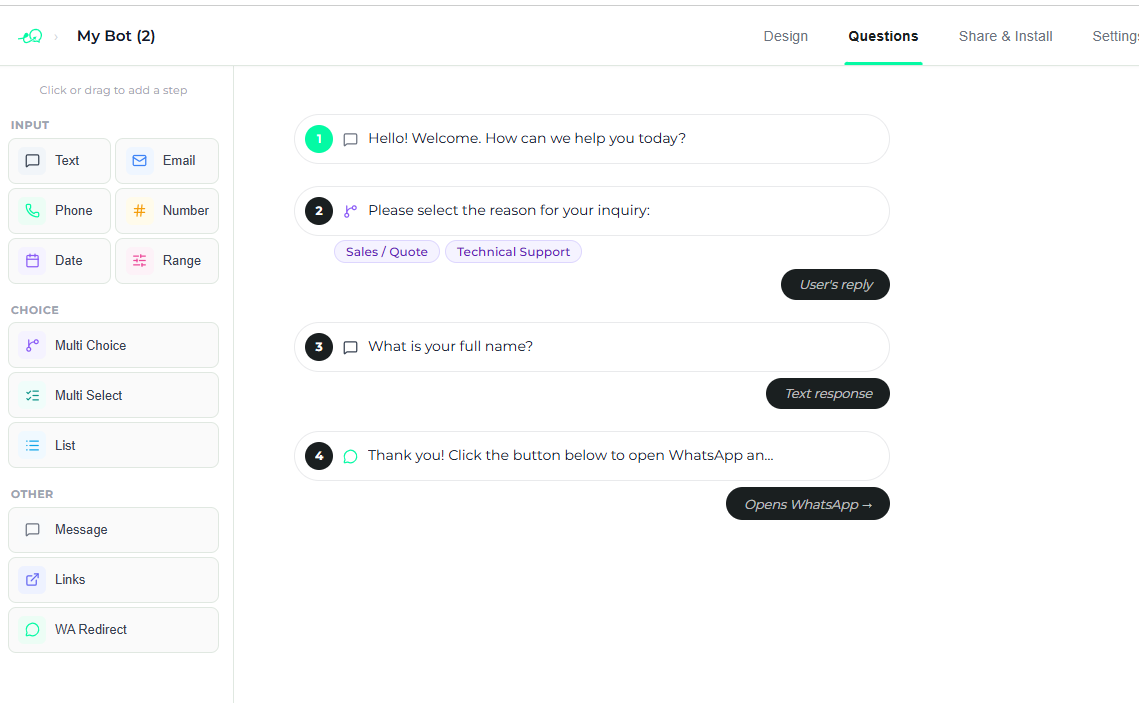 Waboti Question Flow Builder Preview